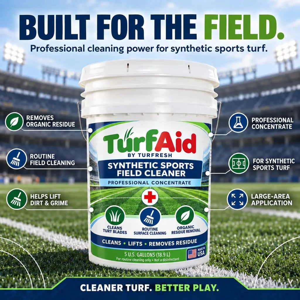 TurfAid artificial turf disinfectant ad, three pro-grade formulas for athletic fields and pet turf