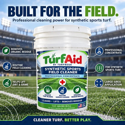 TurfAid artificial turf disinfectant ad, three pro-grade formulas for athletic fields and pet turf