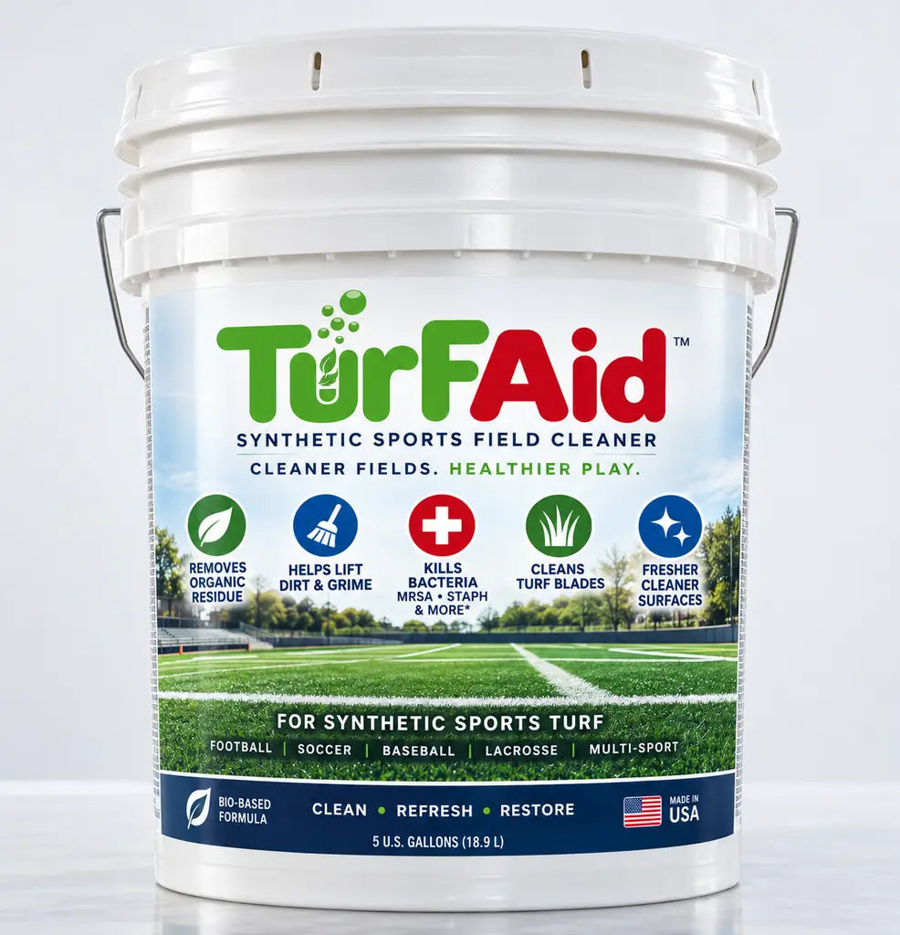 TurFaid Synthetic Sports Field Cleaner, 5 US gallon pail, bio-based cleaner for synthetic sports turf, football, soccer, baseball, lacrosse and multi-sport fields, made in USA
